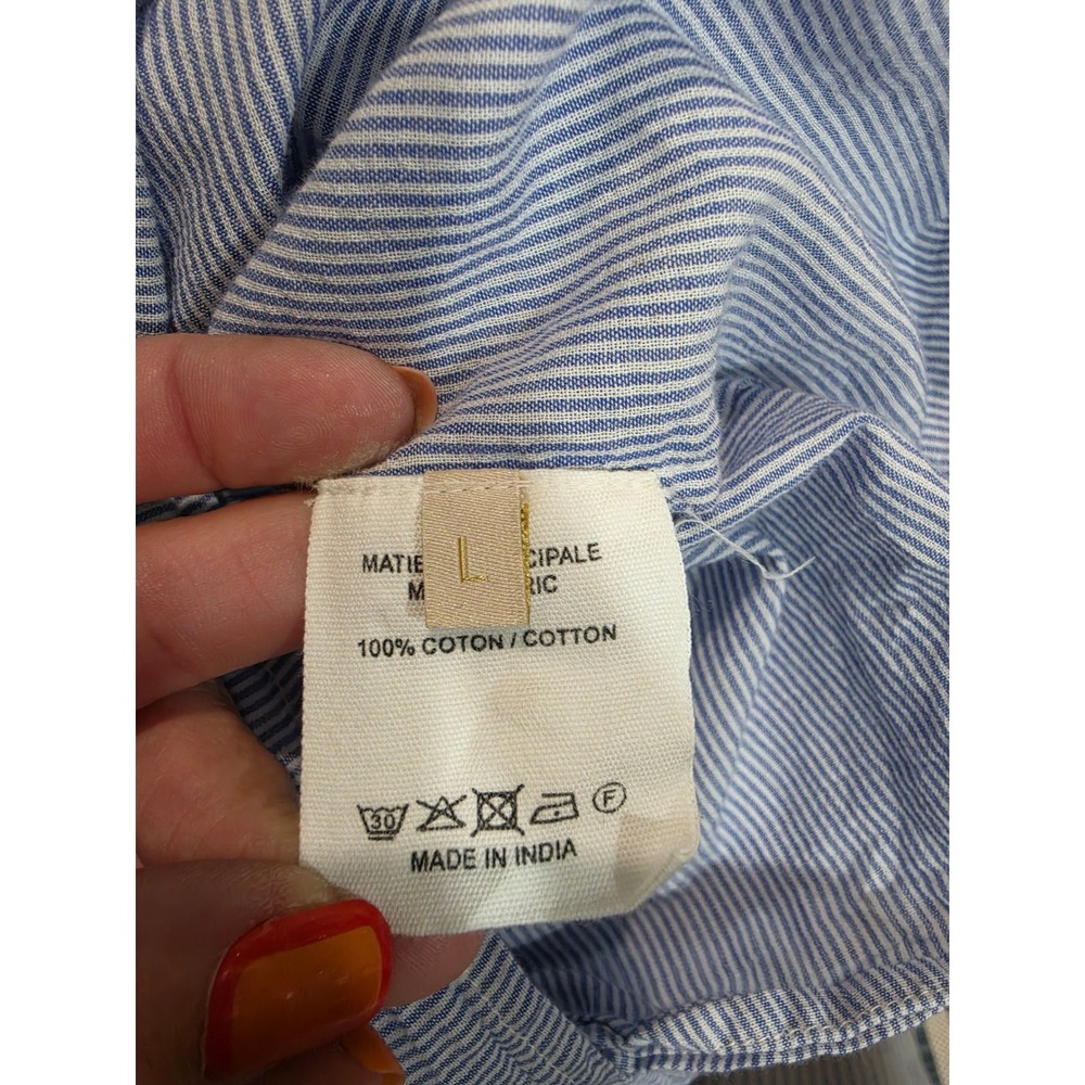 Vanessa Bruno Blue White Pinstripe Cotton Smocked Puff Sleeve Blouse Large - Picture 5 of 6